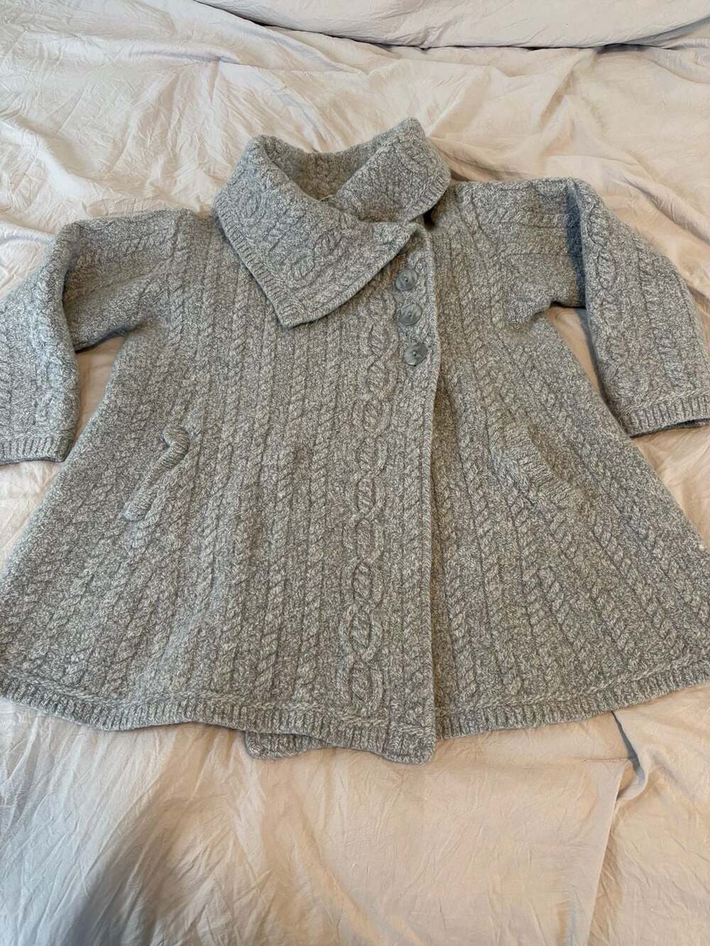 Aran Sweater Market Cable Knit Chunky Collar Fisherman Cardigan Gray Pockets